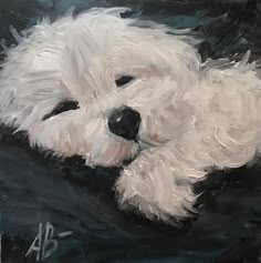 a painting of a white dog laying on top of a black blanket with his head resting on the pillow