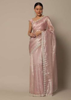 Onion Pink Tissue Saree With Cutdana Work And Unstitched Blouse Piece Onion Pink Organza Saree, Jewellery On Pink Saree, Blouse For Tissue Saree, Blouse Design For Tissue Saree, Pink Tissue Saree Blouse Designs, Pestal Colour Sarees, Pink Saree Jewellery, Onion Colour Saree, Tissue Organza Saree Blouse Designs