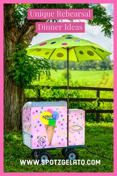 a pink ice cream cart with an umbrella on it and the words unique wedding dessert ideas