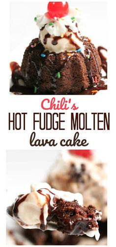 chocolate lava cake with ice cream and sprinkles on top is shown in three different photos