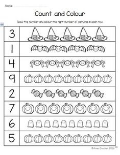 a printable worksheet for counting the numbers to 10 with pumpkins and hats