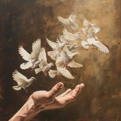 a painting of a person's hand reaching for white doves