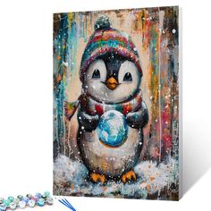 a painting of a penguin with a globe in its hands and snow on the ground