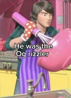 a woman holding a pink object in her hand with the caption he was the og rizzler