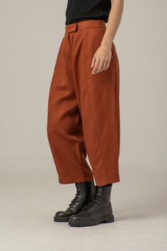 "Burnt Orange Boyfriend Pants, Wide Baggy Pants, Women Trousers ABOUT THE PANTS: Pants with side pockets and comfortable loose cut. Closure with button and zipper. They fit perfectly different body shapes. They are comfy and stylish for an everyday city look. *CARE* - Hand wash in cold water/ Dry Cleaning - Machine 30oC *COLORS* Please, always remember that colors of images may look a bit different because of the specifics of your monitor's settings. Model is wearing size M. She is 5'9\"/170 cm Burnt Orange Pants Outfit Fall, Dark Orange Pants Outfit, Orange Baggy Trousers, Rust Trousers Outfit, Rust Pants Outfit, Burnt Orange Pants Outfit, High Water Pants, Burnt Orange Pants, Orange Pants Outfit