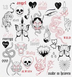 an assortment of tattoos with different designs on the front and back of each tattoo design