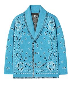 Bandana Jacquard fringed cardigan from ALANUI featuring aqua blue, black, white, cashmere, linen, patterned jacquard, fringe detailing, shawl lapels, front button fastening, long sleeves and frayed hem. This item is in size S and the color is Blue Fringed Cardigan, Fringe Cardigan, Sweater Brands, Cashmere Cardigan, Knitwear Cardigan, Aqua Blue, Linen Blend, Denim Button Up, Mens Sweatshirts