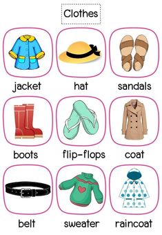 a poster with different types of clothing and shoes on it's sides, including boots, hats, coats, sweaters