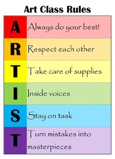 an art class rules poster with the words art on it and four different colored lines