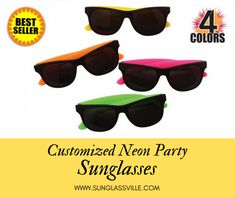 Splash Colors to your party! #neonsunglasses #partysunglasses #customsunglasses #printedsunglasses #customgifts #uniquegifts #trendingsunglasses Customizable Fun Plastic Sunglasses, Personalized Plastic Sunglasses For Beach, Playful Personalized Sunglasses For The Beach, Neon Sunglasses, Multicolor Anti-reflective Shield Sunglasses For Beach, Beach Multicolor Shield Sunglasses With Anti-reflective Coating, Party Sunglasses