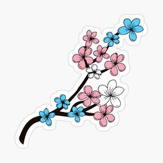 a branch with pink, blue and white flowers sticker on a white background vinyl decal