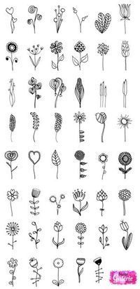 various flowers drawn in black ink on white paper, each with different shapes and sizes