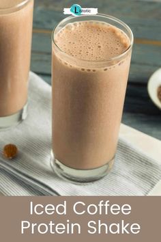 iced coffee protein shake in two glasses with text overlay that reads iced coffee protein shake