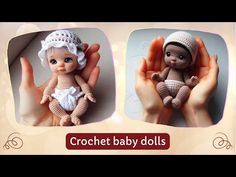 crochet baby dolls are shown in three different pictures, one is holding a doll and the other is wearing a hat