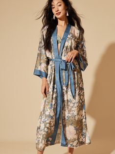 Floral Blue Olive Green Charmeuse Kimono Robe Dressing Gown - Ulivary Elegant Summer Sleepwear With Floral Print, Silk Floral Print Sleepwear For Spring, Silk Sleepwear With Floral Print For Spring, Spring Open Front Home Robe, Spring Silk Robe With Open Front, Silk Sleepwear For Spring Lounging, Spring Silk Kimono For Loungewear, Silk Kimono For Spring Loungewear, Elegant Spring Kimono For Home