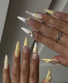 Rasta Nails, Cute Almond Nails, Hello Nails, Classy Acrylic Nails, Pearl Nails, High Maintenance, Bling Acrylic Nails, Gem Nails, Yellow Nails