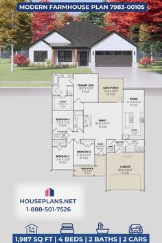 the floor plan for this house is shown in blue and white, with two car garages