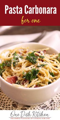 pasta carbonara for one in a white bowl