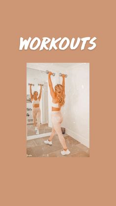 a woman doing exercises in front of a mirror with the words workouts on it