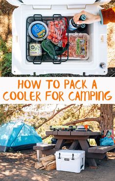 an open cooler with camping food inside and text overlay that reads how to pack a cooler for camping