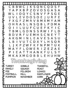 the thanksgiving word search is shown in black and white