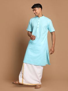 Vastramay Men's Aqua Blue Cotton Kurta And Mundu Set Light Blue Straight Kurta For Diwali, Blue Kurta For Puja In Transitional Season, Cotton Kurta In Traditional Fit For Transitional Season, Traditional Short Sleeve Kurta For Navratri, Blue Kurta For Puja And Transitional Season, Cotton Kurta For Puja, Cotton Kurta For Puja During Transitional Season, Traditional Cotton Kurta With Short Sleeves, Traditional Blue Cotton Kurta