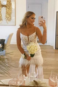 White Appliques Short Dress with Feather White Hoco Dress, Hoco Ideas, Hoco Dresses Tight, Tulle Material, Winter Formal Dresses, Junior Prom Dresses, Short Fringe, Corset Bodice, Short Prom Dress