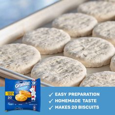 a baking pan full of cookies with the words grandma's easy preparation homemade taste makes 20 biscuits