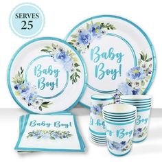 baby boy dinnerware set with blue flowers on the plate and napkins in front of it