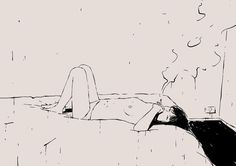 a drawing of a person laying on a bed in the rain