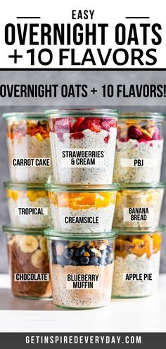 overnight oatmeal cups with text overlay that says overnight oats + 10 flavors overnight oats + 10 flavors