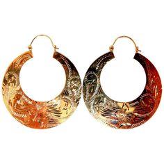 Graver Carved Tibet Crescent Deco Earrings Intricate Carvings 1.6 inch Diameter Comfortable Lever Post Clip 7.6 grams / 14kt. Yellow Gold Earrings are gorgeous made