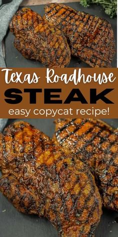 some steaks on a black plate with the words texas roadhouse steak in it