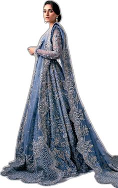 Blue Floor-length Gown For Eid, Blue Intricate Embroidery Anarkali Set For Wedding, Blue Intricate Embroidered Anarkali Set For Wedding, Blue Anarkali Set With Intricate Embroidery For Wedding, Blue Organza Anarkali Set With Intricate Embroidery, Blue Embroidered Anarkali Set For Wedding, Blue Floor-length Gown With Resham Embroidery, Semi-stitched Blue Gown For Festivals, Blue Semi-stitched Gown With Intricate Embroidery