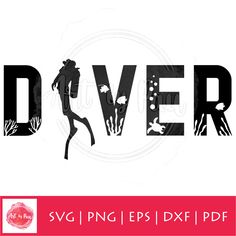 diver svg cut file with the word dive in black and white, surrounded by corals