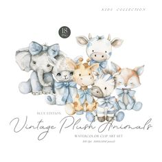 the vintage plush animals watercolor clip art set includes giraffes, rhinoceros, and elephants