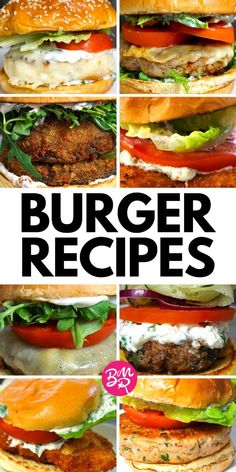 hamburgers with different toppings and the words burger recipes on them in black letters