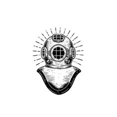 an old diving helmet with sunbursts on the front and side, drawn in black ink