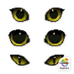 pixel art eyes with yellow and black colors on them, set of four different shapes