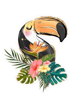 a drawing of a toucan with tropical flowers and leaves on it's side