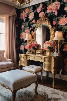 a bedroom with floral wallpaper and an antique dressing table in front of a large mirror