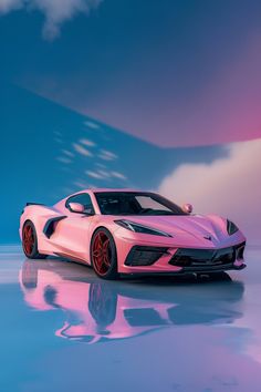 a pink sports car parked in front of a blue and purple sky with clouds behind it