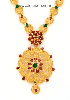 22 Karat Gold Necklace for Women with Color Stones  - 235-GN5000 - in 25.200 Grams for USD $1962.06. 
Made in India by Totaram Jewelers Online this product is in Gold - 22 Karat BIS Hallmark 916 KDM Gold  & is an excellent gift for Adult - Women. Ships fully insured with secured guaranteed delivery for free with your order over $250 from New Jersey USA & comes with 30 days exchange policy. Traditional 22k Gold Necklace For Anniversary, Gold Gemstone Necklace For Wedding, Red 22k Gold Round Necklace, Red 22k Gold Necklace For Diwali, Diwali Red 22k Gold Necklace, Red 22k Gold Necklace For Celebration, Festive Yellow Gold Necklaces For Anniversary, Festive Yellow Gold Necklace For Anniversary, Red 22k Gold Necklace For Festivals