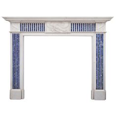 a white marble fireplace with blue and white stripes on the top, against a white background