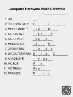 the computer hardware word scramble is shown in black and white, as well as other words