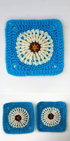 two crocheted squares with white and blue designs on them, one has an eyeball in the center