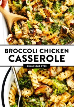 broccoli chicken casserole is in a white dish with a wooden spoon