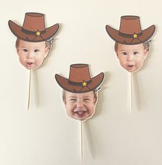 three pictures of a baby wearing a cowboy hat on top of toothpicks in front of a white wall