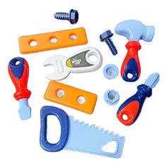 a collection of toys including scissors, pliers and screwdrivers on a white background