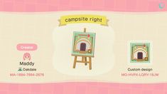 an animal crossing game screen showing the campite left and muddy's art studio